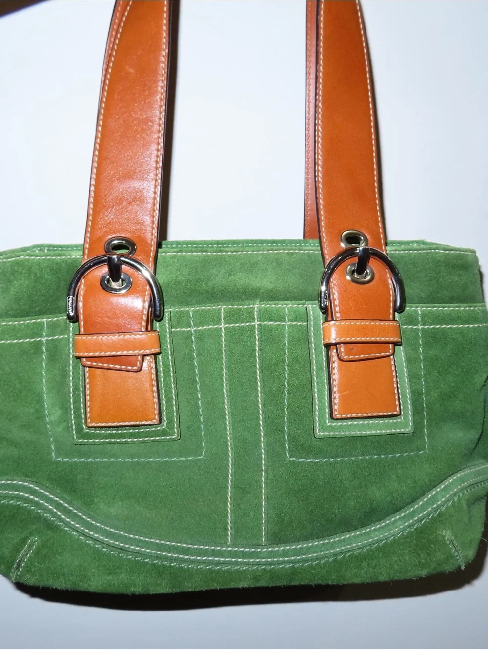 Coach Green Suede Shoulder Bag with Tan Leather Straps